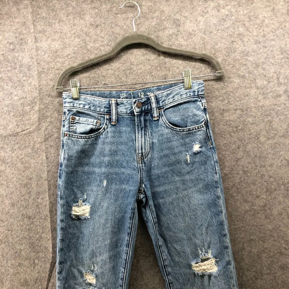 Gap Youth Boys Size 12 90s Original Straight Jean Blue Medium Wash‎ Destroyed